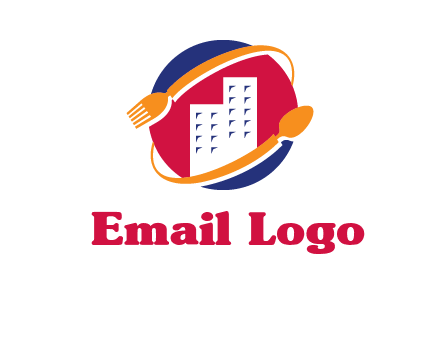 fork spoon and building in circle logo