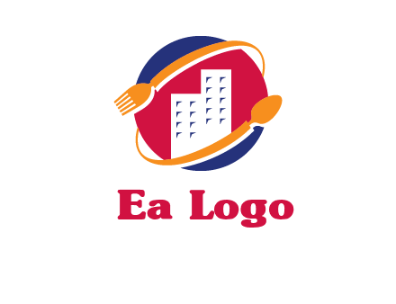 fork spoon and building in circle logo