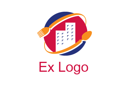 fork spoon and building in circle logo