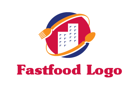 fork spoon and building in circle logo