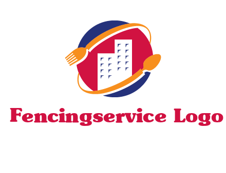 fork spoon and building in circle logo