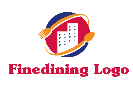 fork spoon and building in circle logo