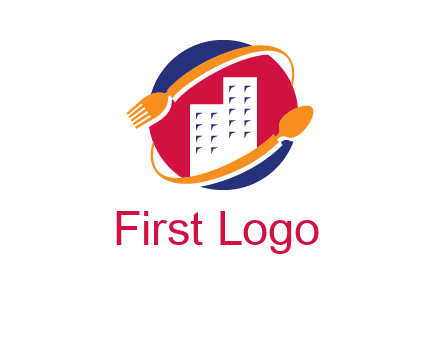fork spoon and building in circle logo