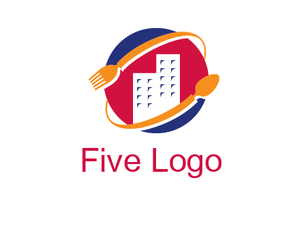 fork spoon and building in circle logo