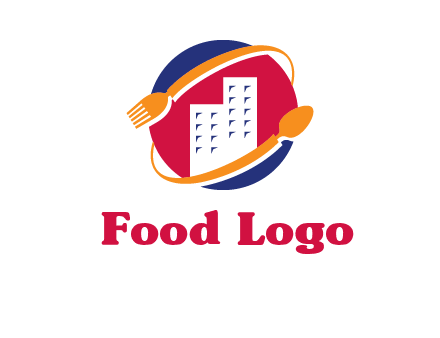 fork spoon and building in circle logo