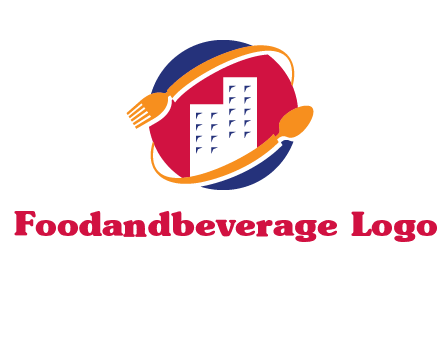 fork spoon and building in circle logo