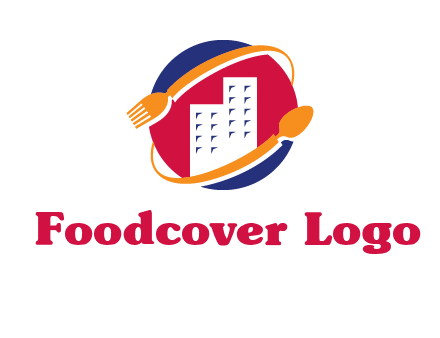 fork spoon and building in circle logo