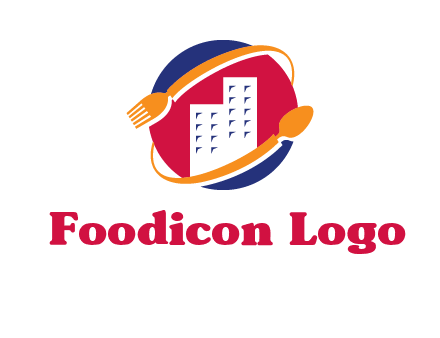 fork spoon and building in circle logo