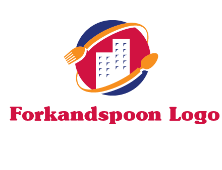 fork spoon and building in circle logo