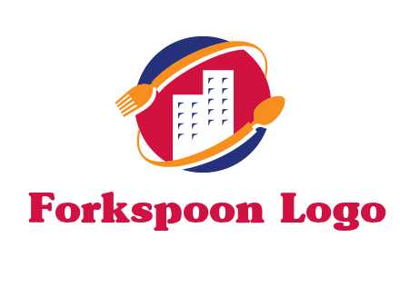 fork spoon and building in circle logo
