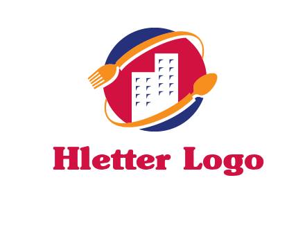 fork spoon and building in circle logo