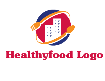 fork spoon and building in circle logo