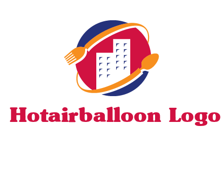 fork spoon and building in circle logo