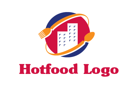 fork spoon and building in circle logo