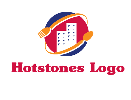 fork spoon and building in circle logo