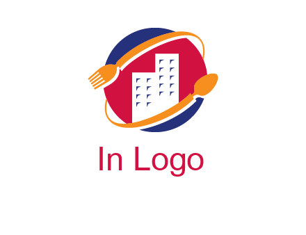 fork spoon and building in circle logo