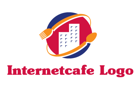 fork spoon and building in circle logo