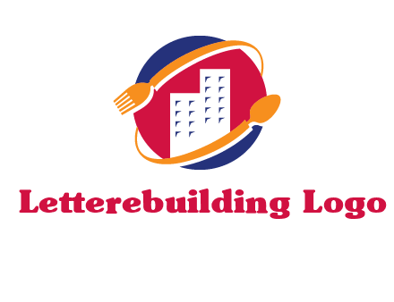 fork spoon and building in circle logo