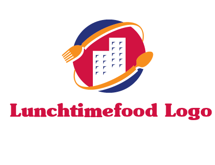 fork spoon and building in circle logo