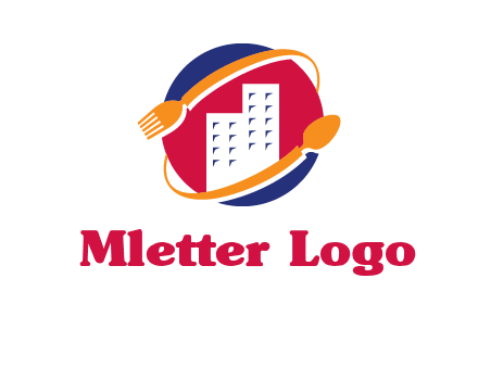 fork spoon and building in circle logo