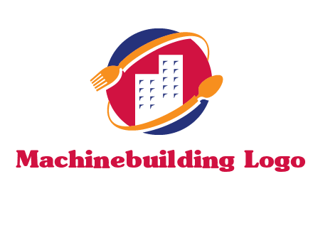 fork spoon and building in circle logo