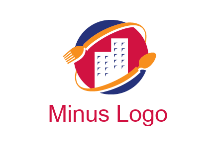 fork spoon and building in circle logo