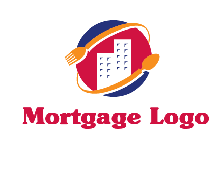 fork spoon and building in circle logo