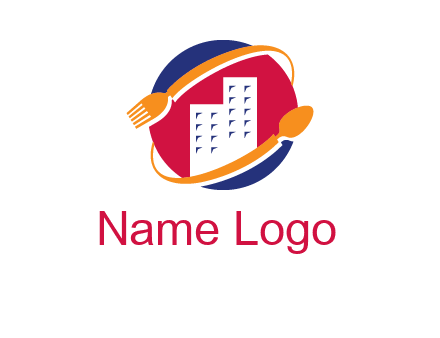 fork spoon and building in circle logo