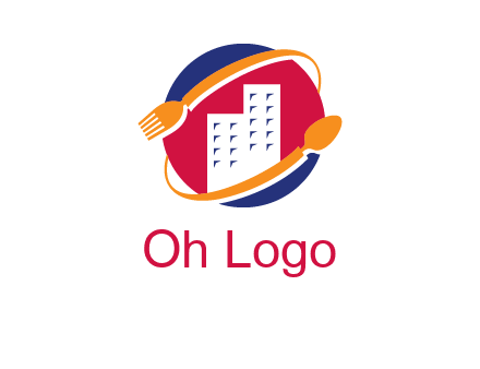 fork spoon and building in circle logo