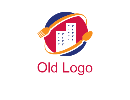 fork spoon and building in circle logo