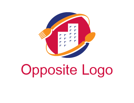 fork spoon and building in circle logo