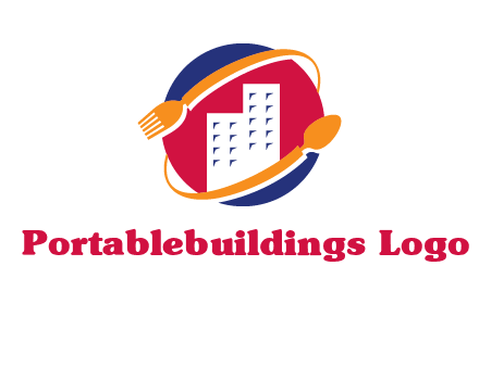fork spoon and building in circle logo