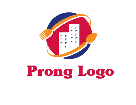 fork spoon and building in circle logo