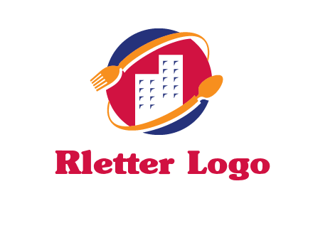 fork spoon and building in circle logo