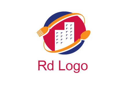 fork spoon and building in circle logo