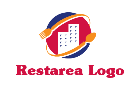 fork spoon and building in circle logo