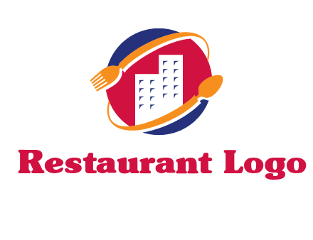 fork spoon and building in circle logo