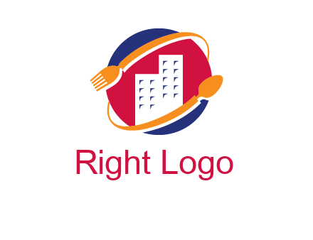 fork spoon and building in circle logo