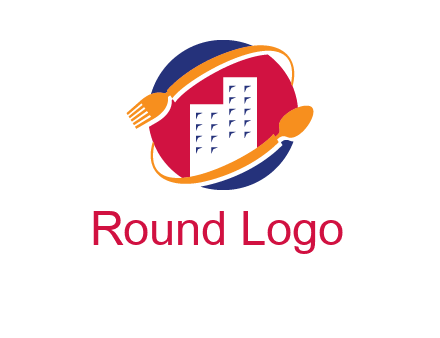 fork spoon and building in circle logo