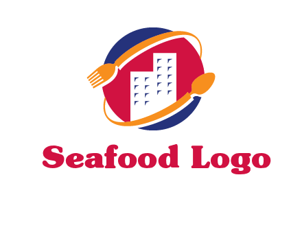 fork spoon and building in circle logo