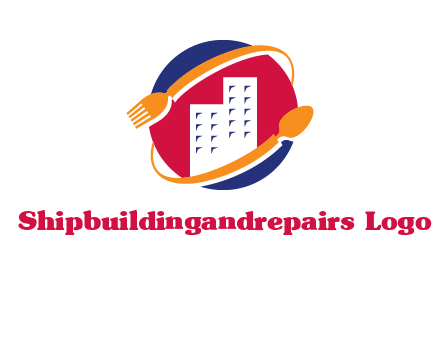 fork spoon and building in circle logo