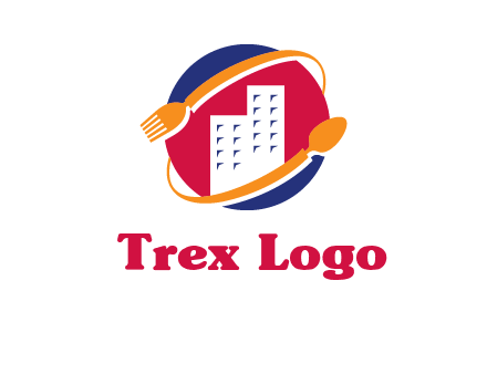 fork spoon and building in circle logo