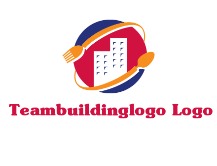 fork spoon and building in circle logo
