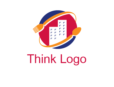 fork spoon and building in circle logo