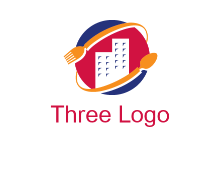 fork spoon and building in circle logo