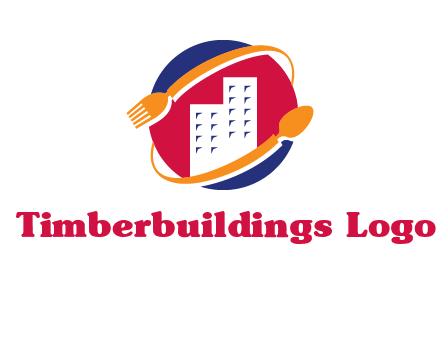 fork spoon and building in circle logo