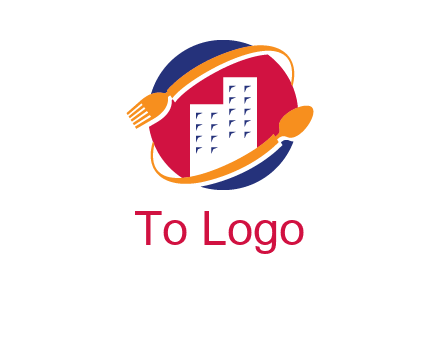 fork spoon and building in circle logo
