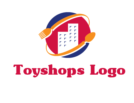 fork spoon and building in circle logo