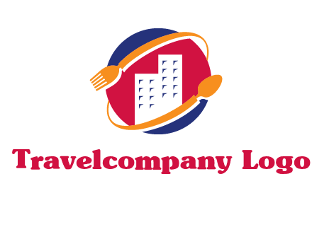 fork spoon and building in circle logo