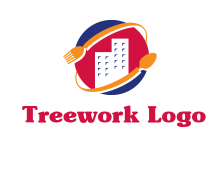 fork spoon and building in circle logo